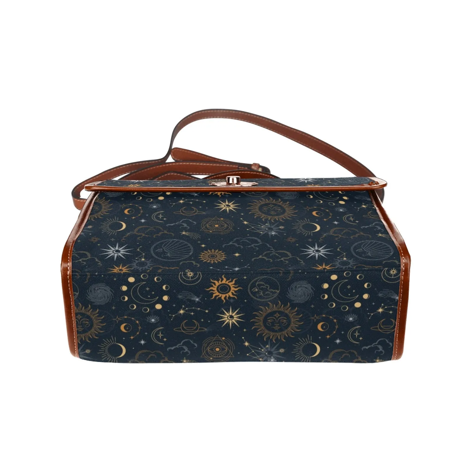 Sun Moon Canvas Satchel bag, Planets Space Stars Vintage Waterproof Brown Cute Women Crossed Body Purse Vegan Leather Strap Handbag Gift