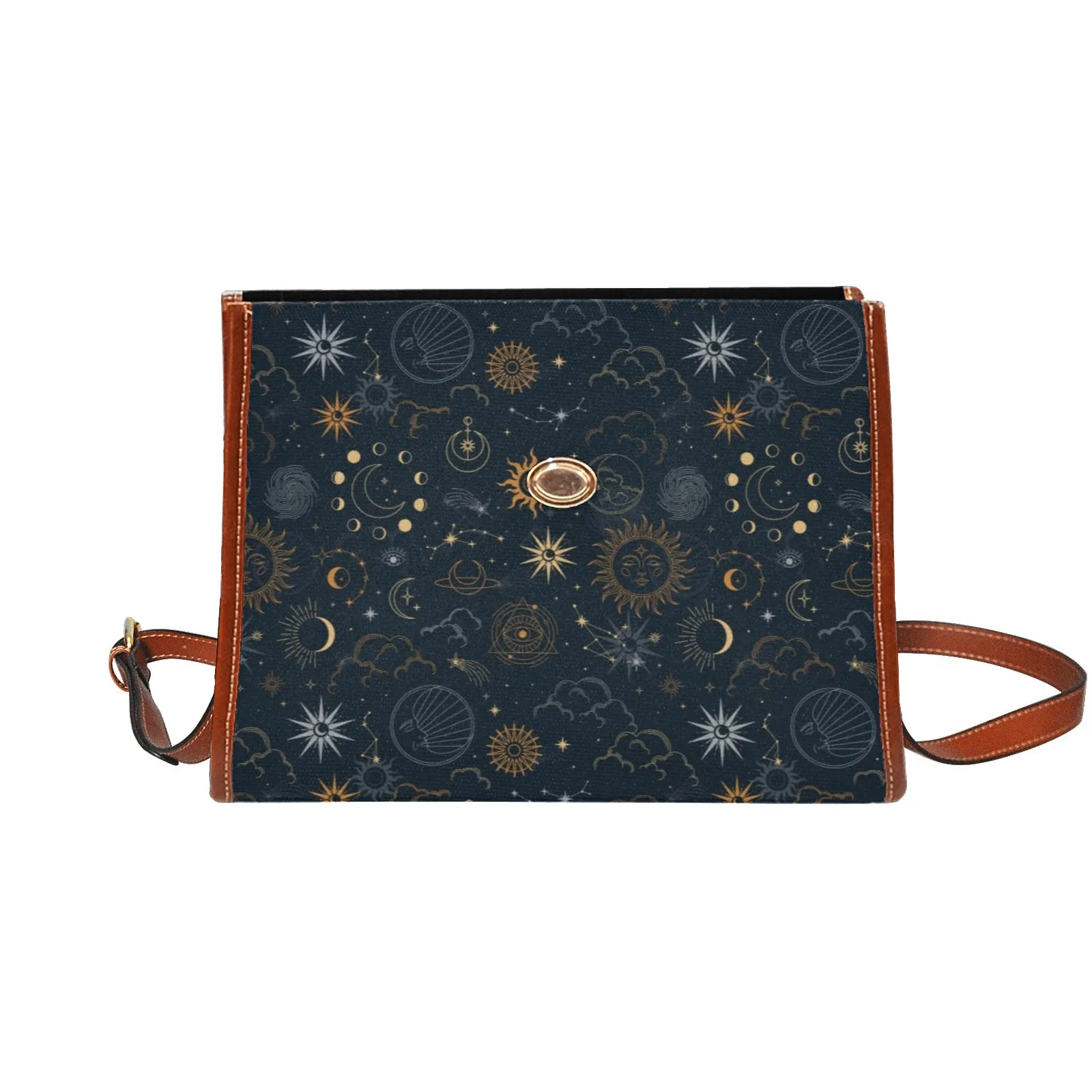 Sun Moon Canvas Satchel bag, Planets Space Stars Vintage Waterproof Brown Cute Women Crossed Body Purse Vegan Leather Strap Handbag Gift