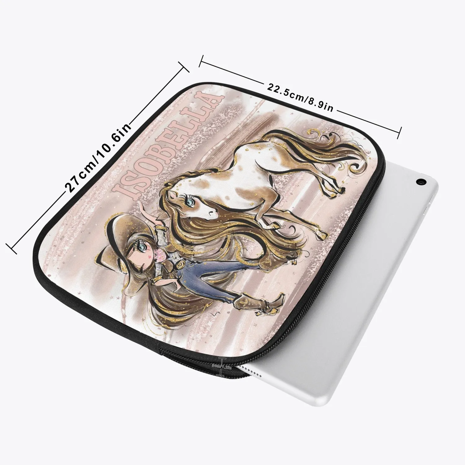 Tablet Sleeve - Howdy, Cowgirl and Horse, Brunette Hair, Blue Eyes