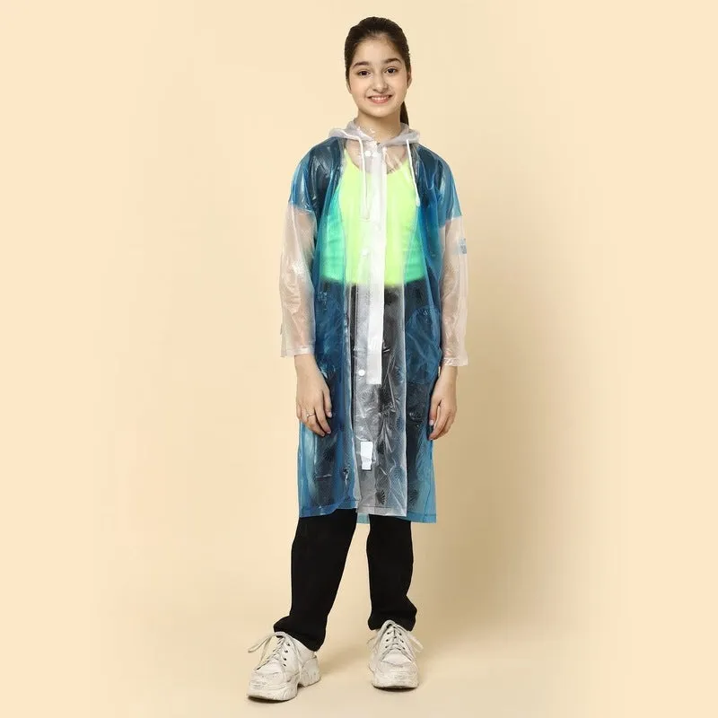 THE CLOWNFISH Laurel Series Kids Waterproof PVC Longcoat with Adjustable Hood & Extra Space for Backpack/Schoolbag Holding. Printed Plastic Pouch. Kid Age-8-9 years (Size-33-Blue)