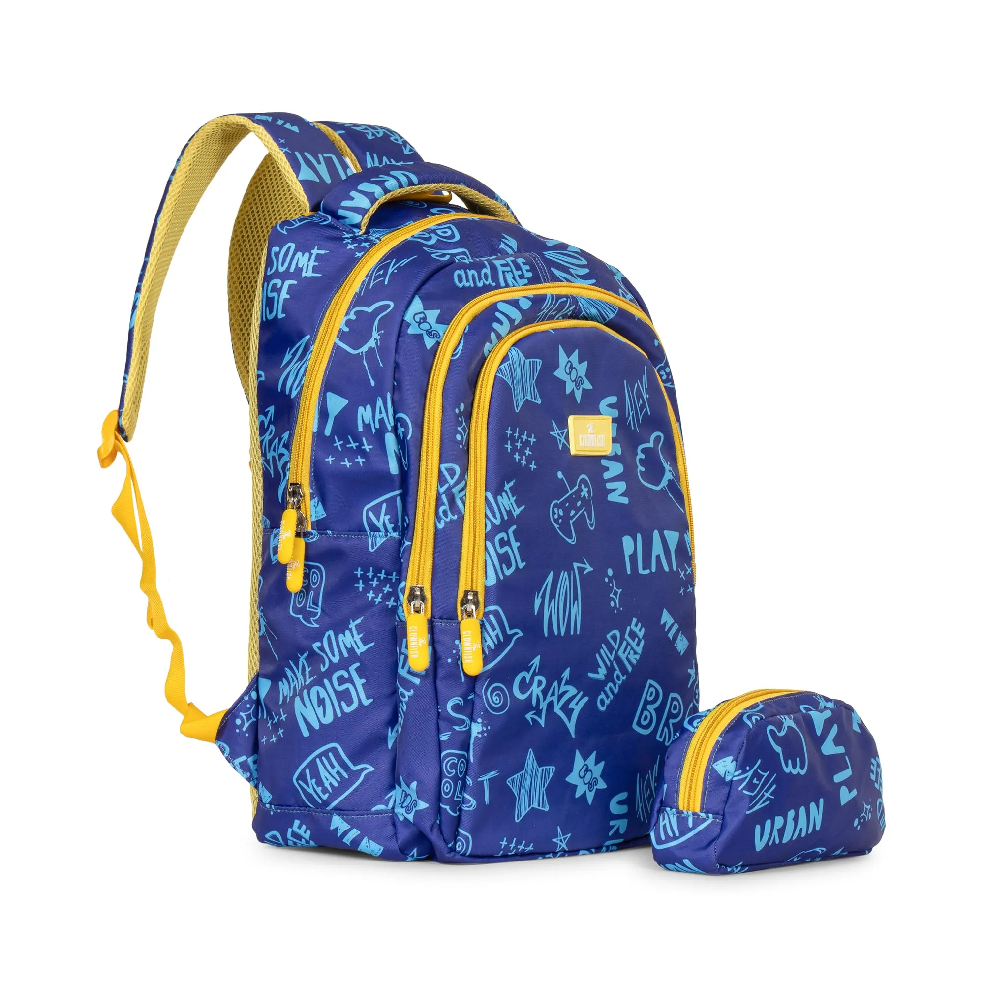 THE CLOWNFISH Scholastic Series Printed Polyester 30 L School Backpack with Pencil/Staionery Pouch School Bag Daypack Picnic Bag For School Going Boys & Girls Age 8-10 years (Blue - Yellow)