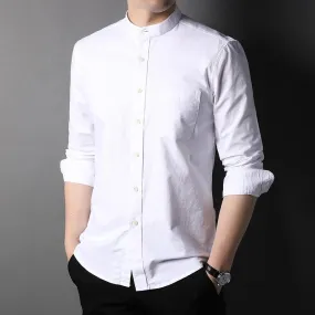 Top Grade 100% Cotton Fashion Brand Designer No Collar Slim Fit Shirts Casual Vertical Stripes Long Sleeve Men Clothing