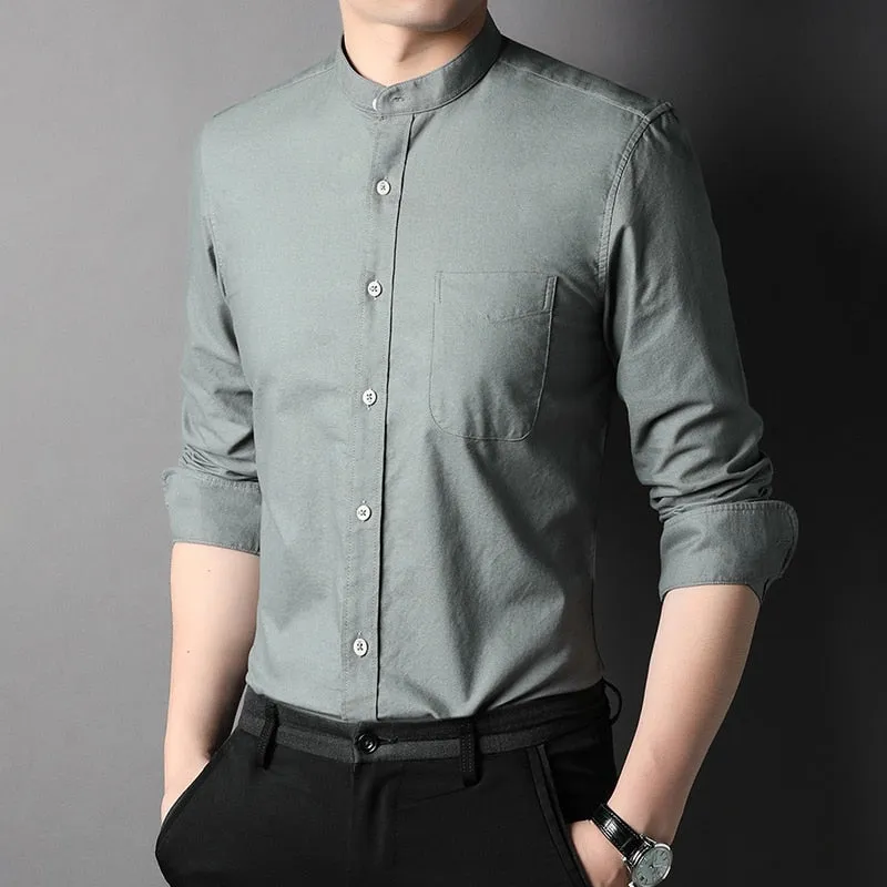 Top Grade 100% Cotton Fashion Brand Designer No Collar Slim Fit Shirts Casual Vertical Stripes Long Sleeve Men Clothing