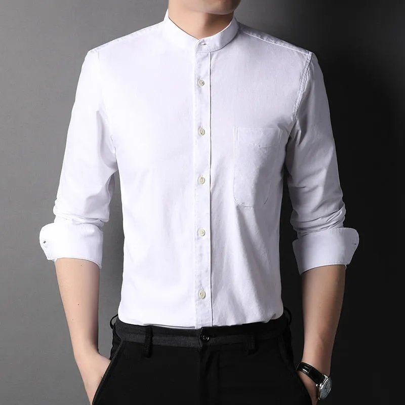 Top Grade 100% Cotton Fashion Brand Designer No Collar Slim Fit Shirts Casual Vertical Stripes Long Sleeve Men Clothing