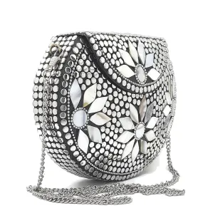 Trend Overseas Silver metal Beaded Ethnic purse Girls Bridal Bag cross body bag for women/Girl party clutch Metal clutches Vintage Brass (MOP Flower)