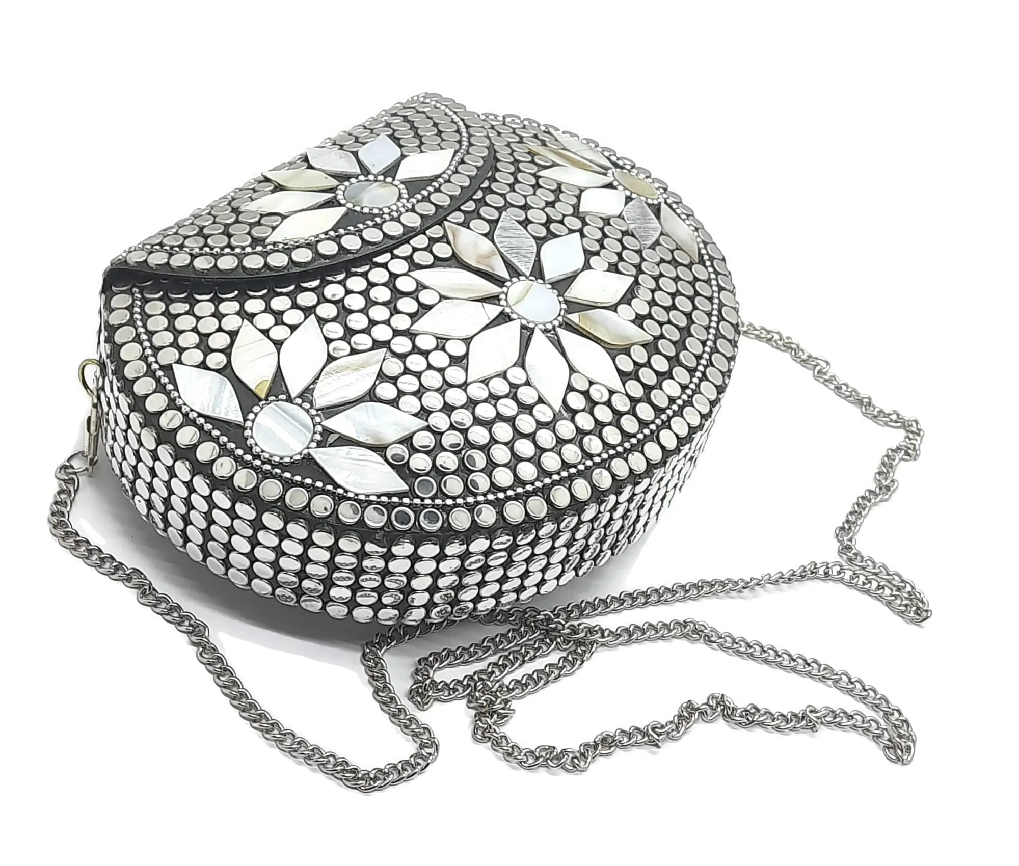 Trend Overseas Silver metal Beaded Ethnic purse Girls Bridal Bag cross body bag for women/Girl party clutch Metal clutches Vintage Brass (MOP Flower)