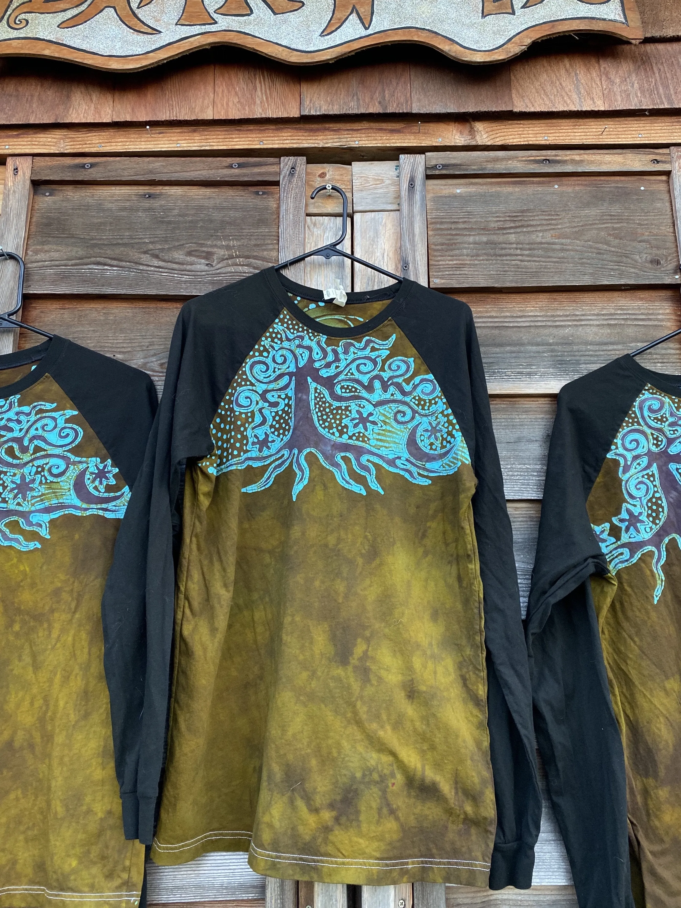 Turquoise Tree Black Raglan Long Sleeve Batik Top by Batikwalla