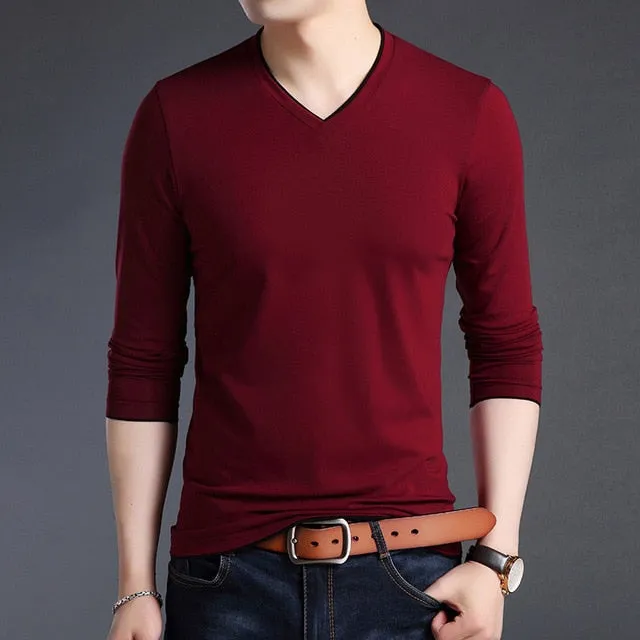 V Neck Street Style Slim Fit Solid Color Long Sleeve Shirt