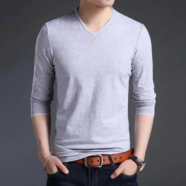 V Neck Street Style Slim Fit Solid Color Long Sleeve Shirt