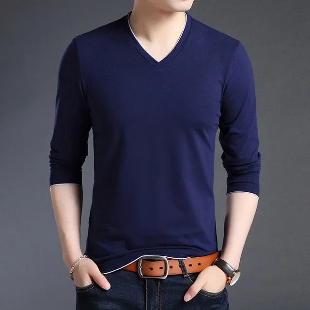 V Neck Street Style Slim Fit Solid Color Long Sleeve Shirt