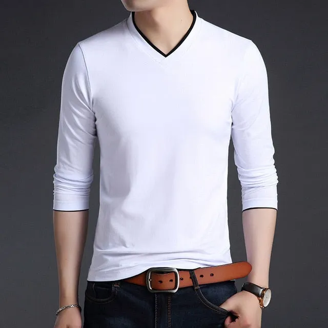 V Neck Street Style Slim Fit Solid Color Long Sleeve Shirt