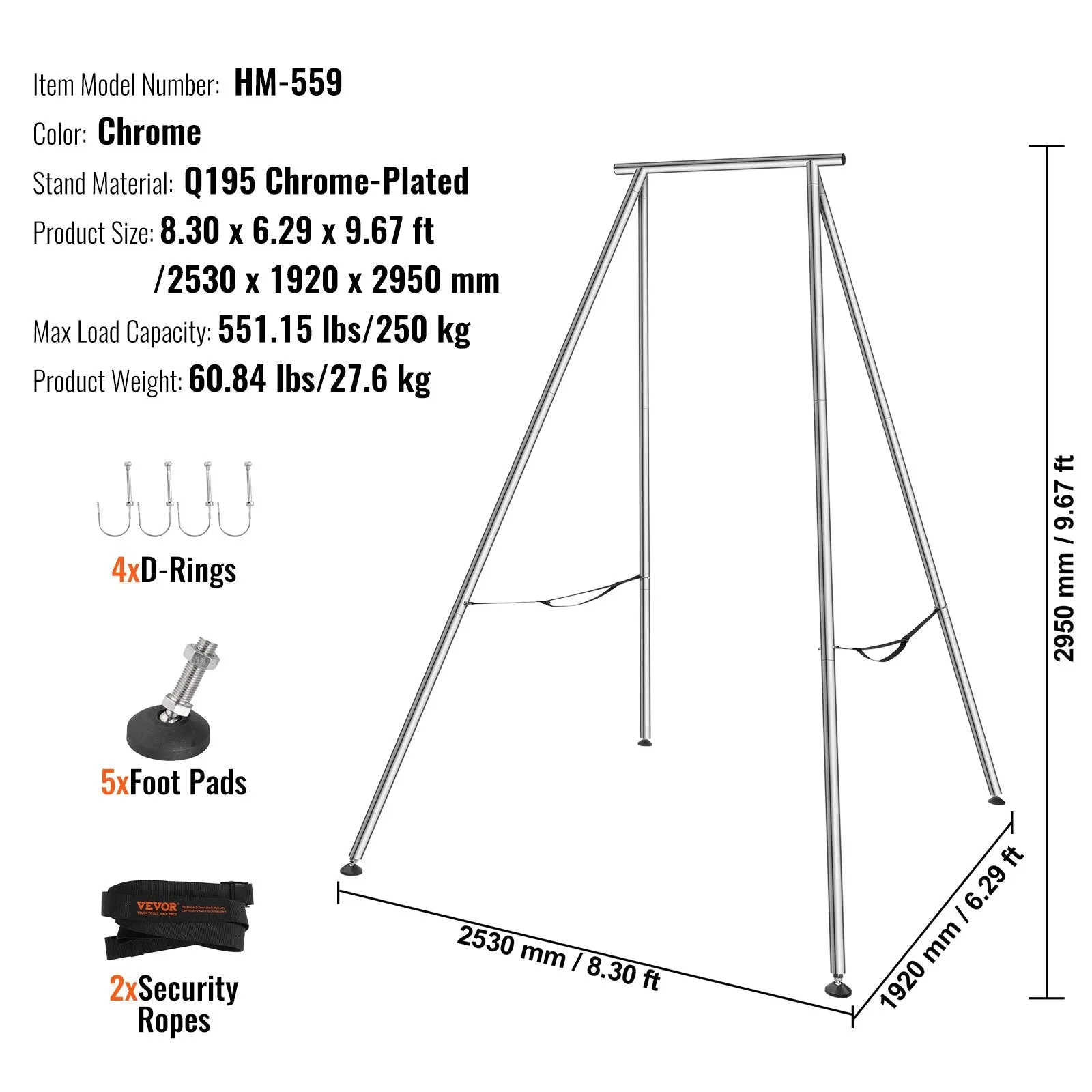 Vevor Aerial Yoga Frame 9.67' Height Swing Stand 551 Lbs Capacity Chrome Plated Steel New