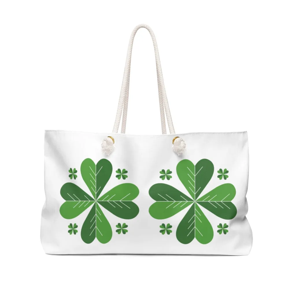 White Green Clover Weekender Bag, Leaf St. Patrick's Day Irish Print 24"x13"Weekender Bag- Made in USA