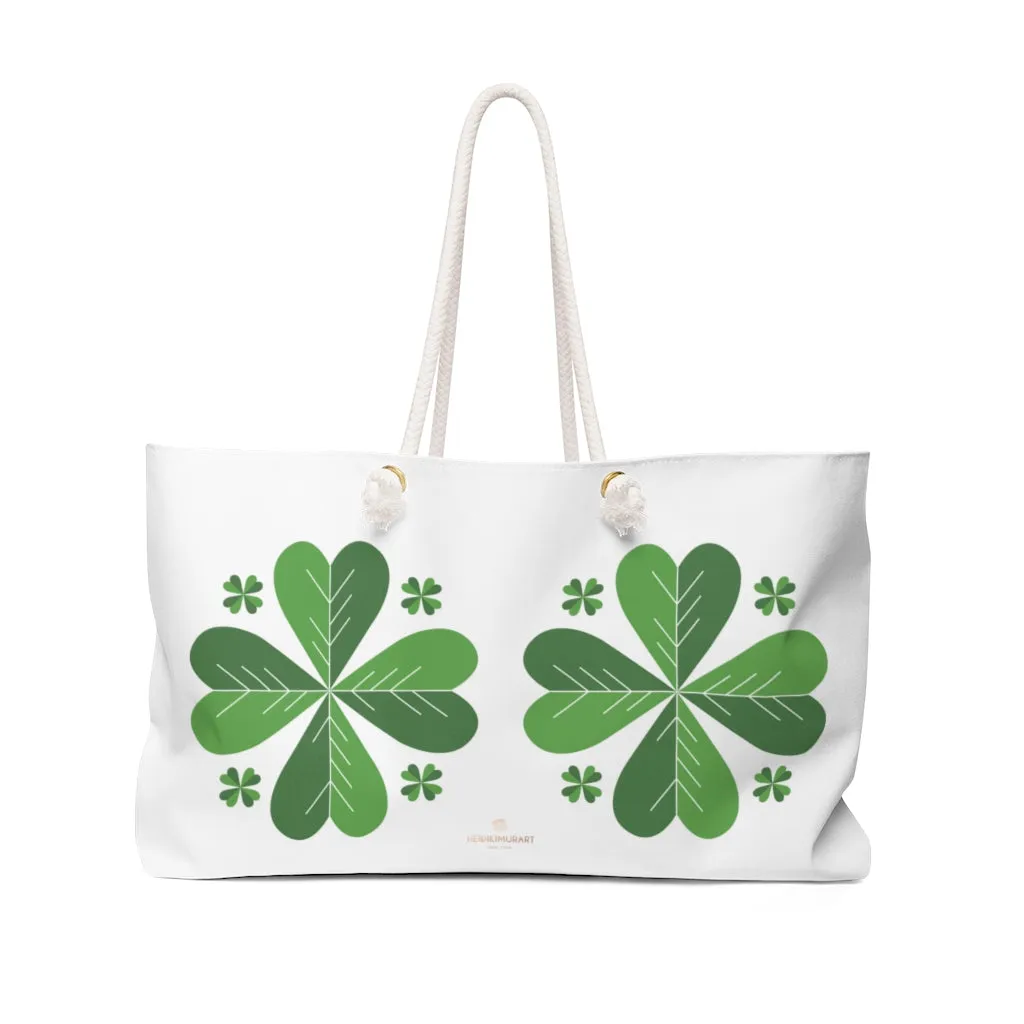 White Green Clover Weekender Bag, Leaf St. Patrick's Day Irish Print 24"x13"Weekender Bag- Made in USA