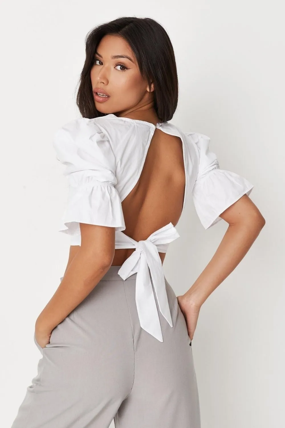 White Milkmaid Sleeve Open Back Poplin Crop