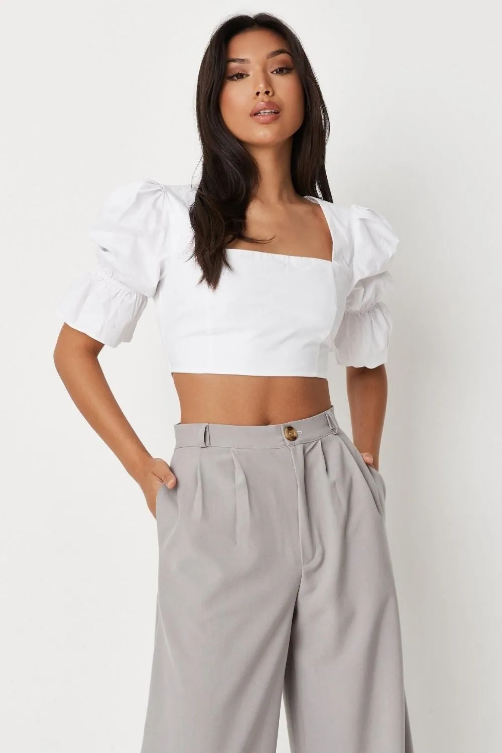 White Milkmaid Sleeve Open Back Poplin Crop