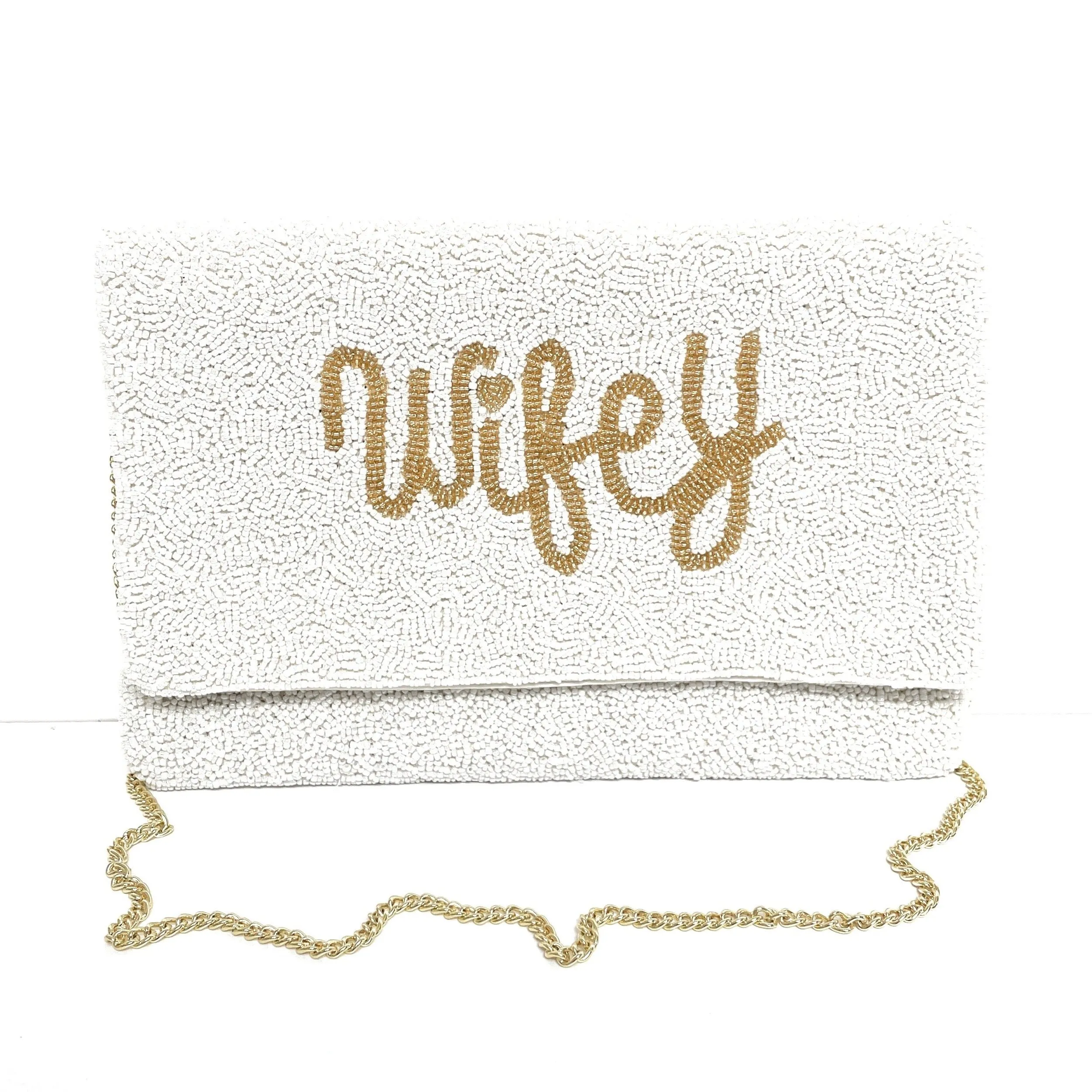 Wifey Beaded Clutch Purse (White)