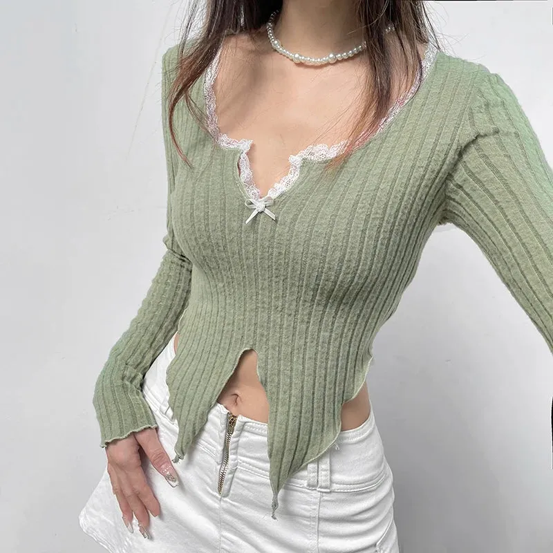 y2k Korean Fashion Knit Women's T-shirts Lace Trim Sweet Retro Crop Top Bow Irregular Hem Auutmn Tee Shirt Slit Cute